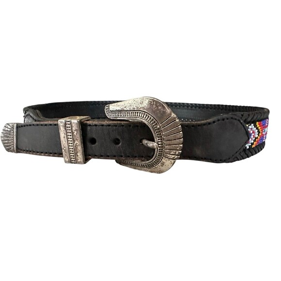 VTG Hand Beaded Leather Belt Silver Buckle 1991 Womens Size 30 Southwest Black - Picture 6 of 9